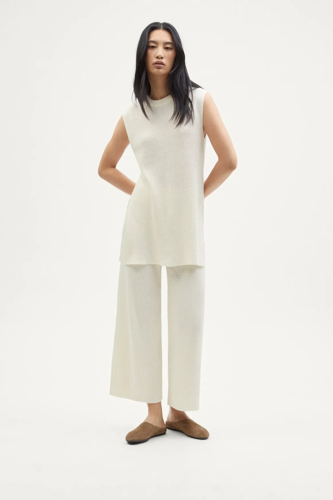 Veste sans manches à mailles côtelées en Lin et Coton